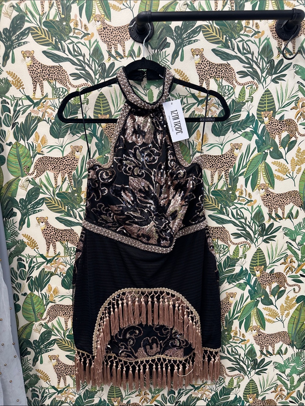 12th Tribe Black & Gold Embellished Halter Mini Dress NWT XL